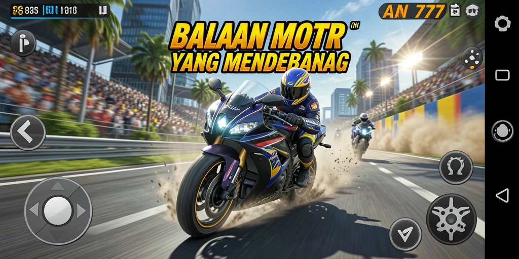Screenshot utama AN777 menampilkan aksi balapan motor yang intens.