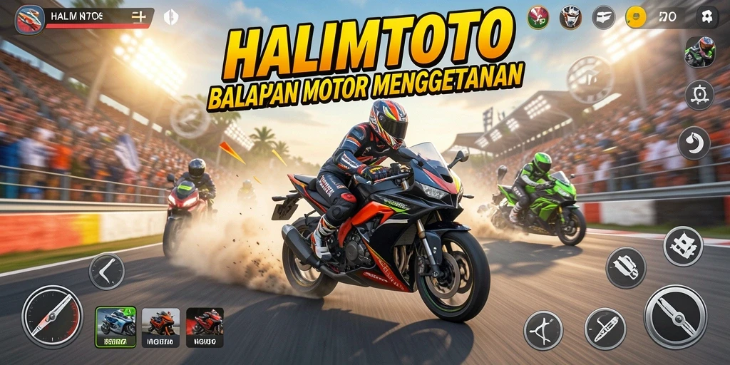 Gameplay seru di HALIMTOTO dengan motor balap yang cepat.