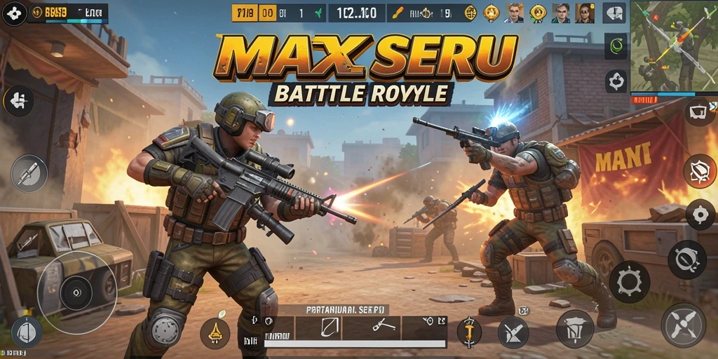 Screenshot MAXSERU menampilkan aksi seru dalam game Battle Royale.