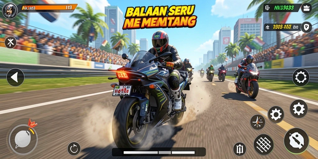 Screenshot menampilkan serunya gameplay balapan motor di NX303.