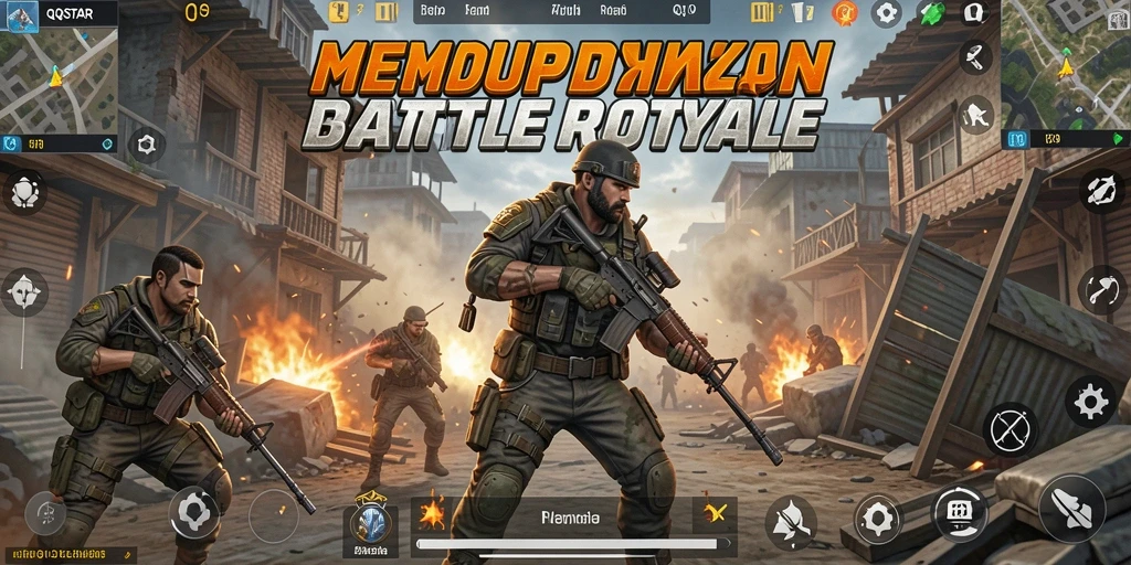 Tampilan penuh aksi gameplay <strong>QQSTAR</strong> dalam pertempuran Battle Royale.