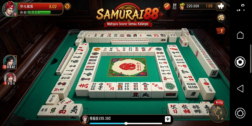 Tampilan gameplay <strong>SAMURAI88</strong> yang menawan dengan ubin Mahjong yang berwarna-warni.